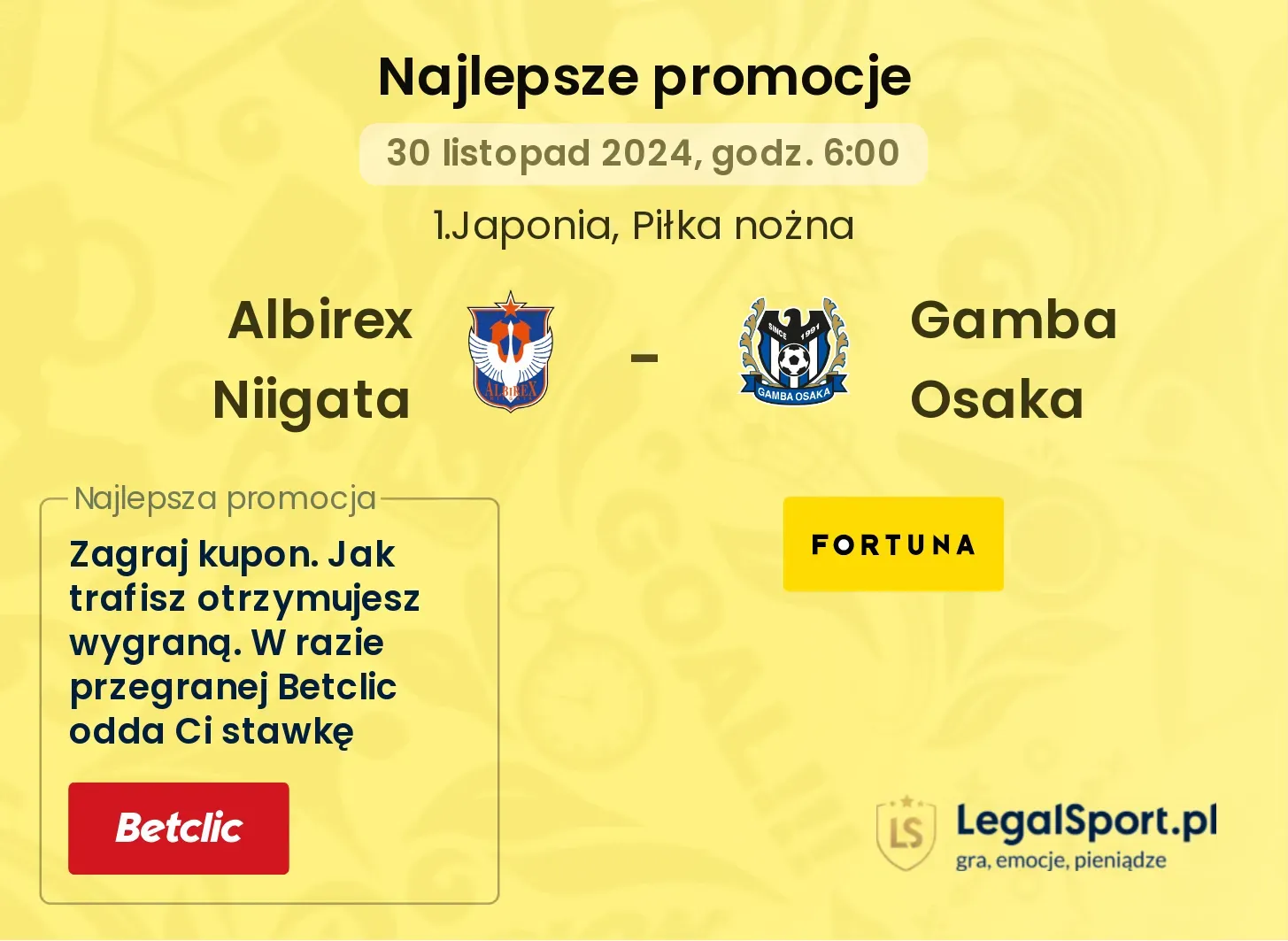 Albirex Niigata - Gamba Osaka promocje bonusy na mecz