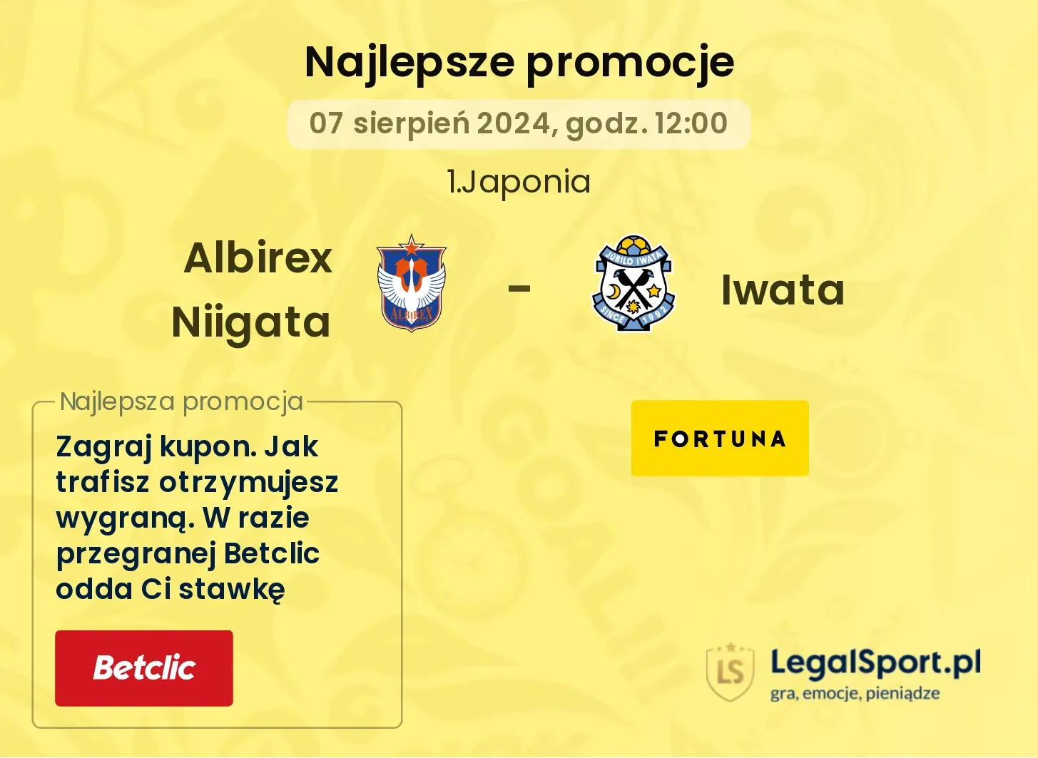 Albirex Niigata - Iwata promocje u bukmacherów (07.08, 12:00)