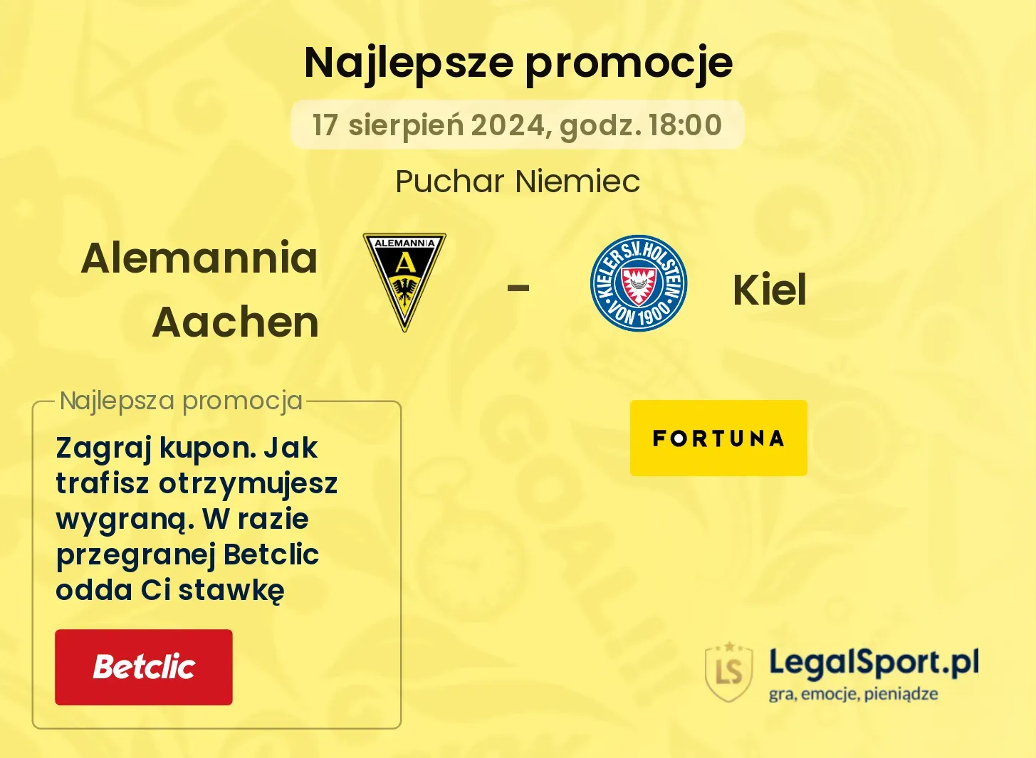 Alemannia Aachen - Kiel promocje bukmacherskie (17.08, 18:00)