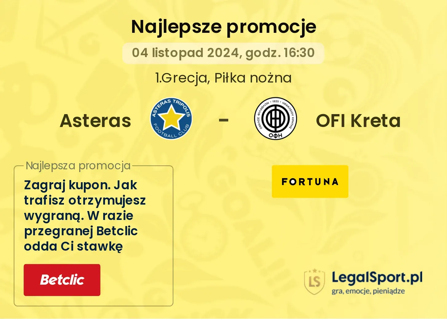 Asteras - OFI Kreta promocje u bukmacherów 04.11, 16:30