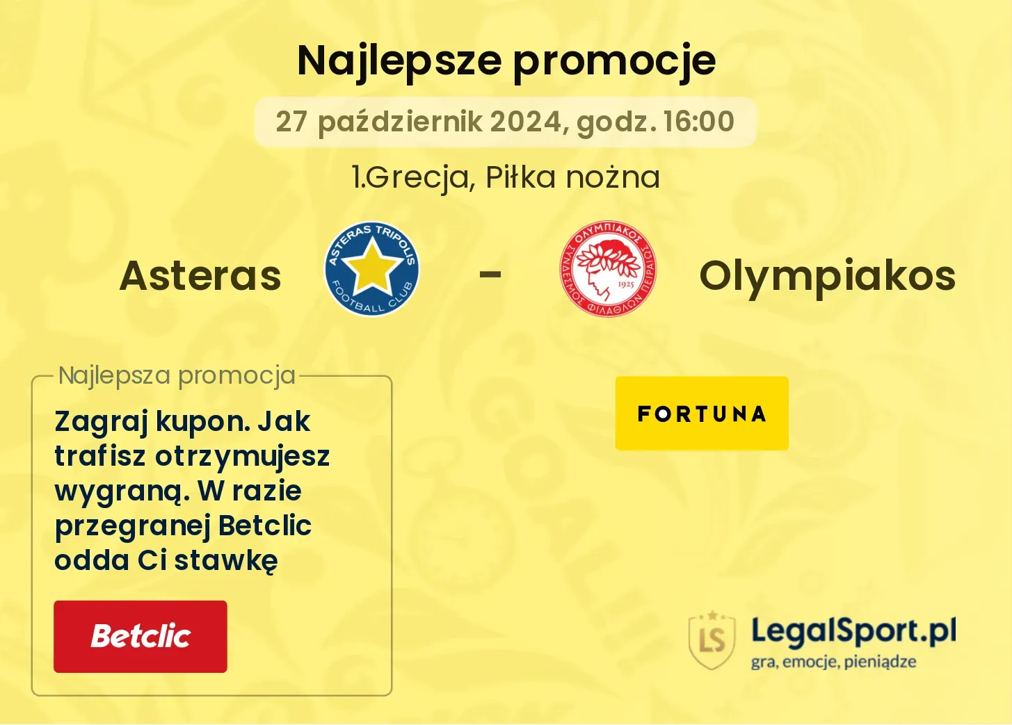 Asteras - Olympiakos promocje bonusy na mecz