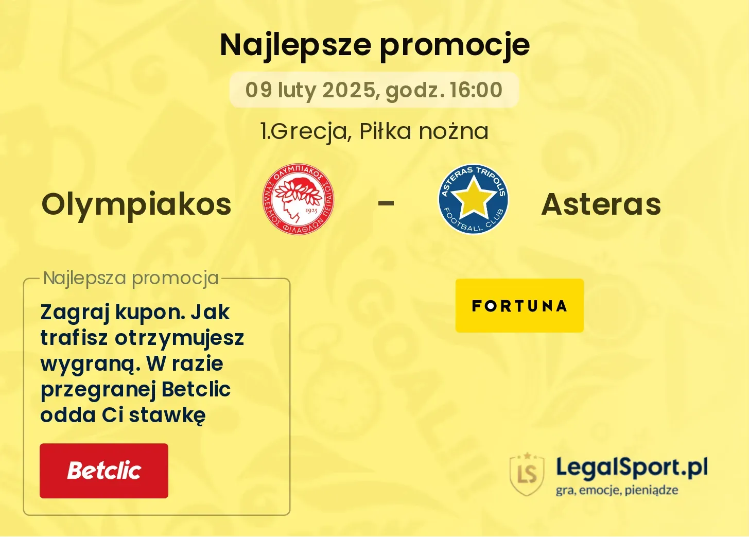 Asteras - Olympiakos promocje u bukmacherów 27.10, 16:00