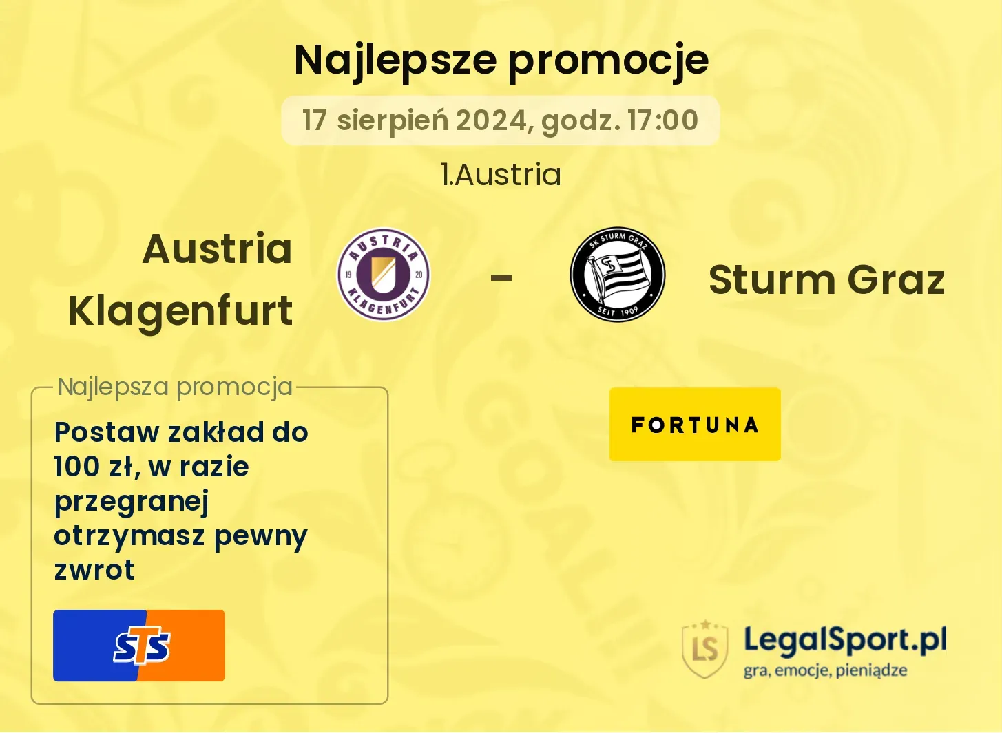 Austria Klagenfurt - Sturm Graz promocje bukmacherskie (17.08, 17:00)