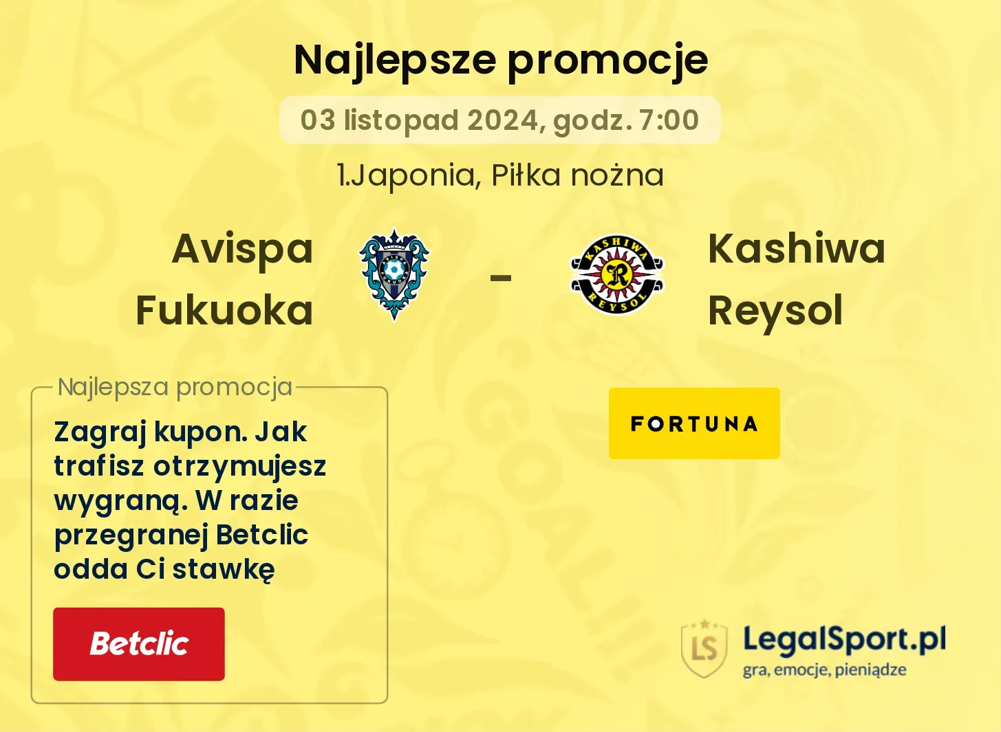 Avispa Fukuoka - Kashiwa Reysol promocje bukmacherskie 03.11, 07:00