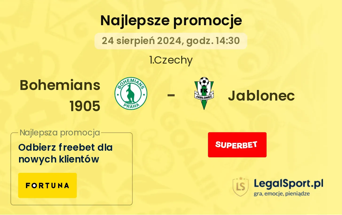 Bohemians 1905 - Jablonec promocje bukmacherskie 24.08, 14:30