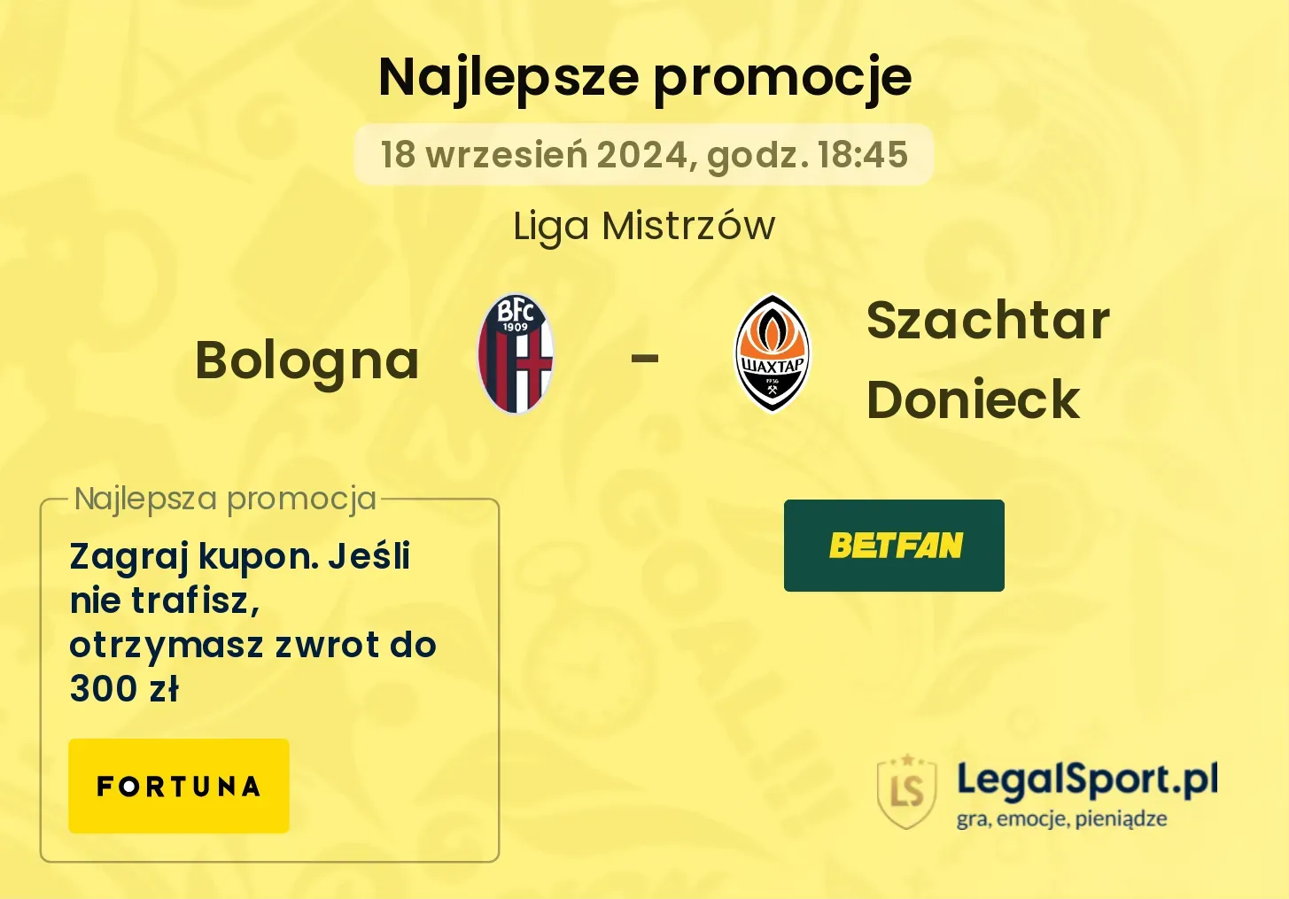 Bologna - Szachtar Donieck promocje u bukmacherów 18.09, 18:45