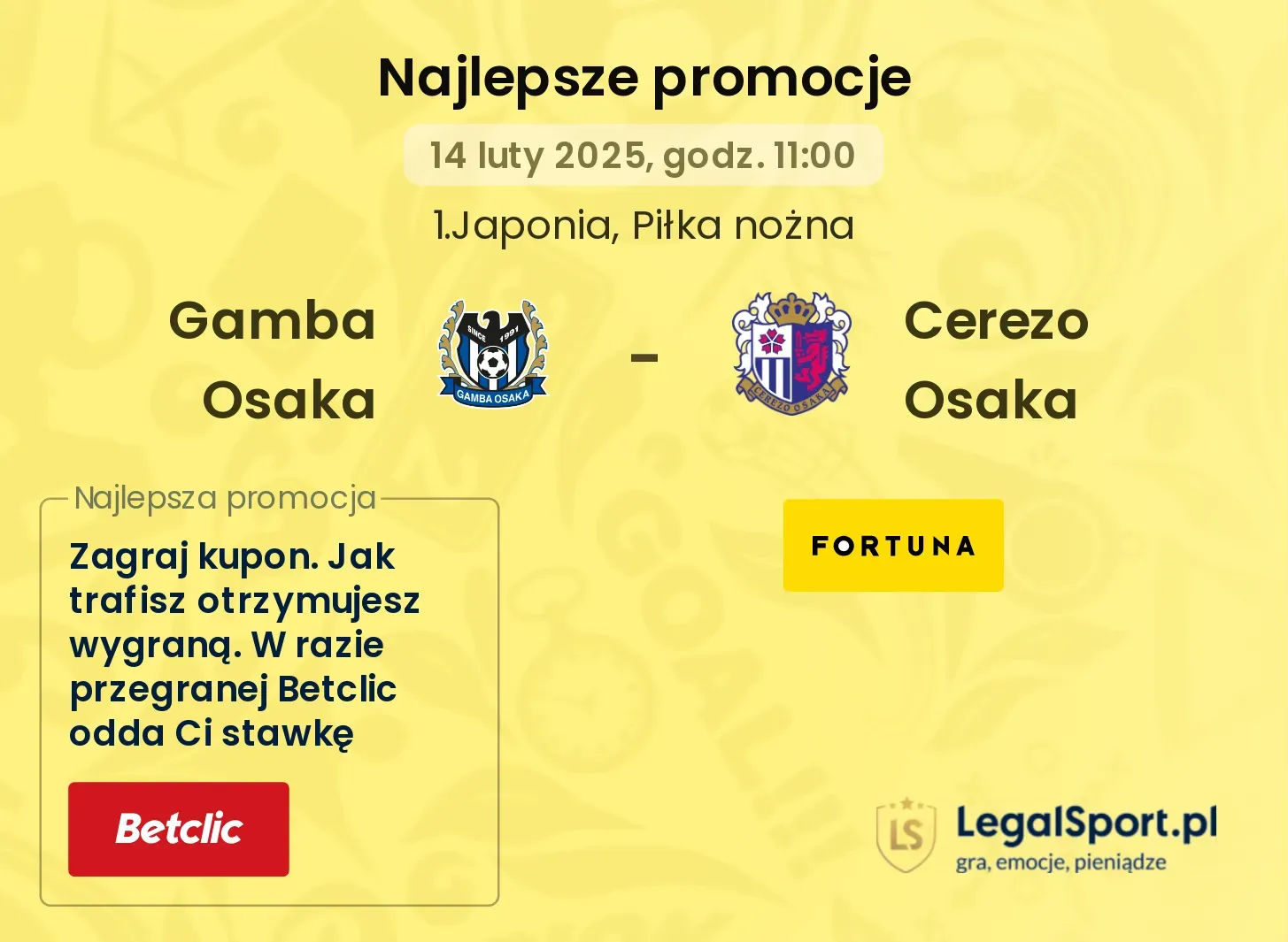 Cerezo Osaka - Gamba Osaka promocje bukmacherskie 02.10, 12:00