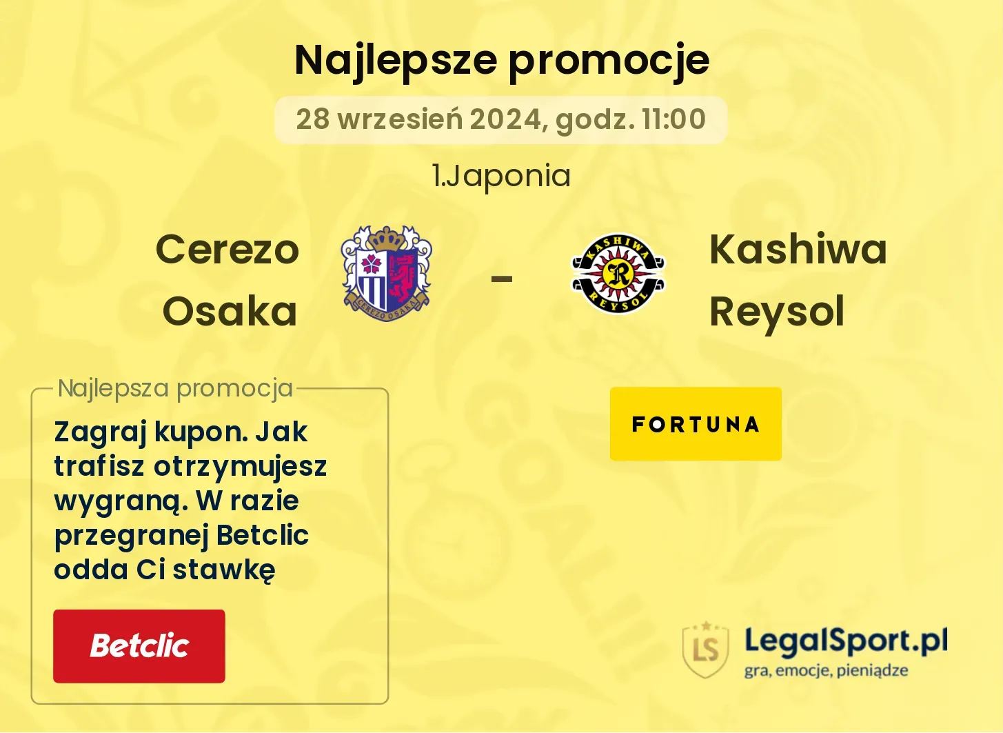 Cerezo Osaka - Kashiwa Reysol promocje u bukmacherów 28.09, 11:00