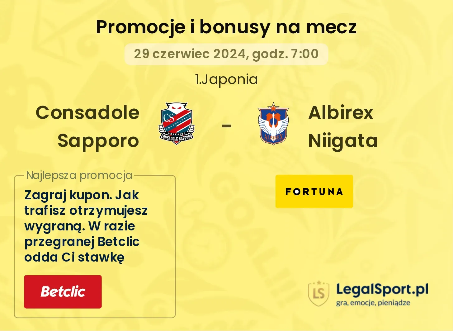 Consadole Sapporo - Albirex Niigata promocje bukmacherskie (29.06, 07:00)