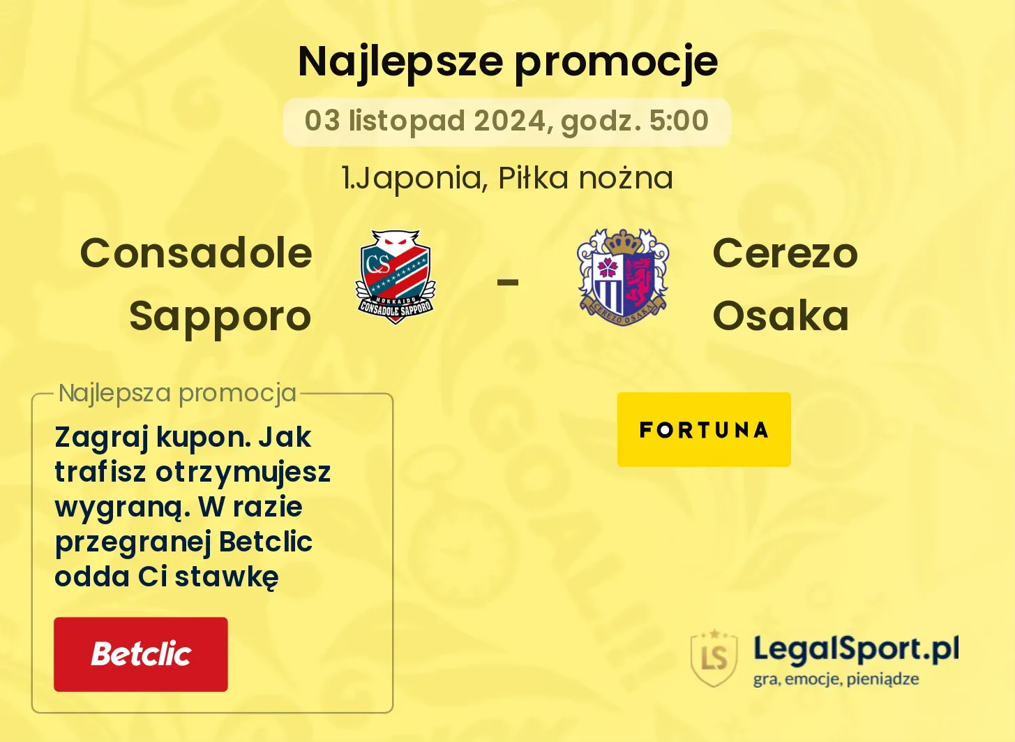 Consadole Sapporo - Cerezo Osaka promocje bukmacherskie 03.11, 05:00