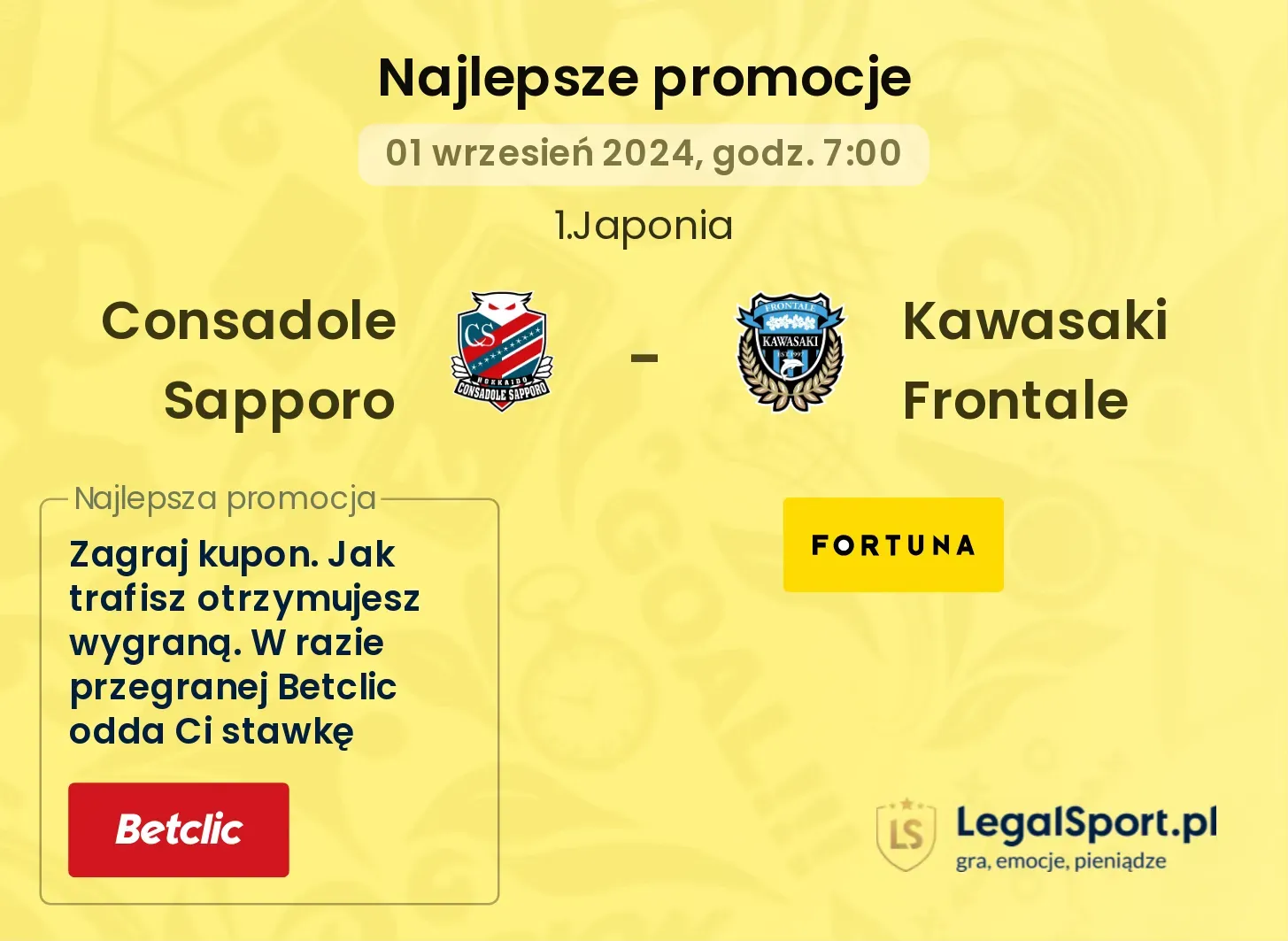 Consadole Sapporo - Kawasaki Frontale promocje bonusy na mecz