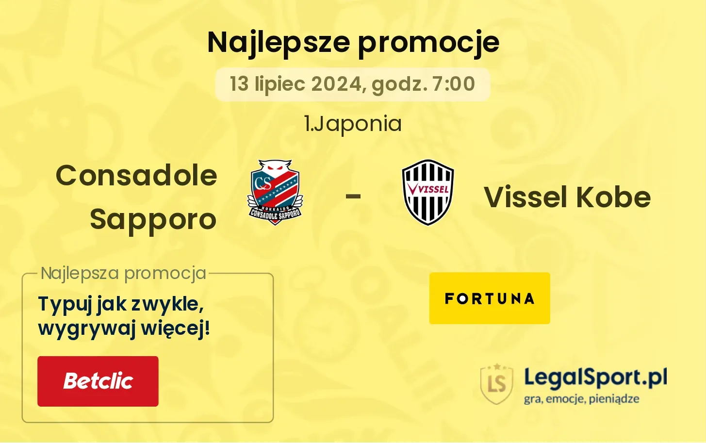 Consadole Sapporo - Vissel Kobe promocje u bukmacherów (13.07, 07:00)