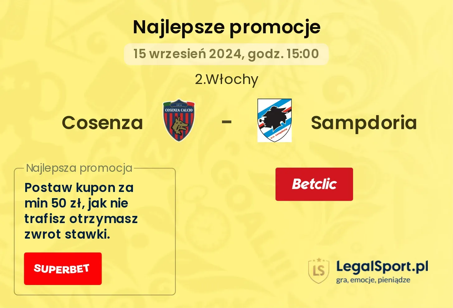 Cosenza - Sampdoria promocje bonusy na mecz