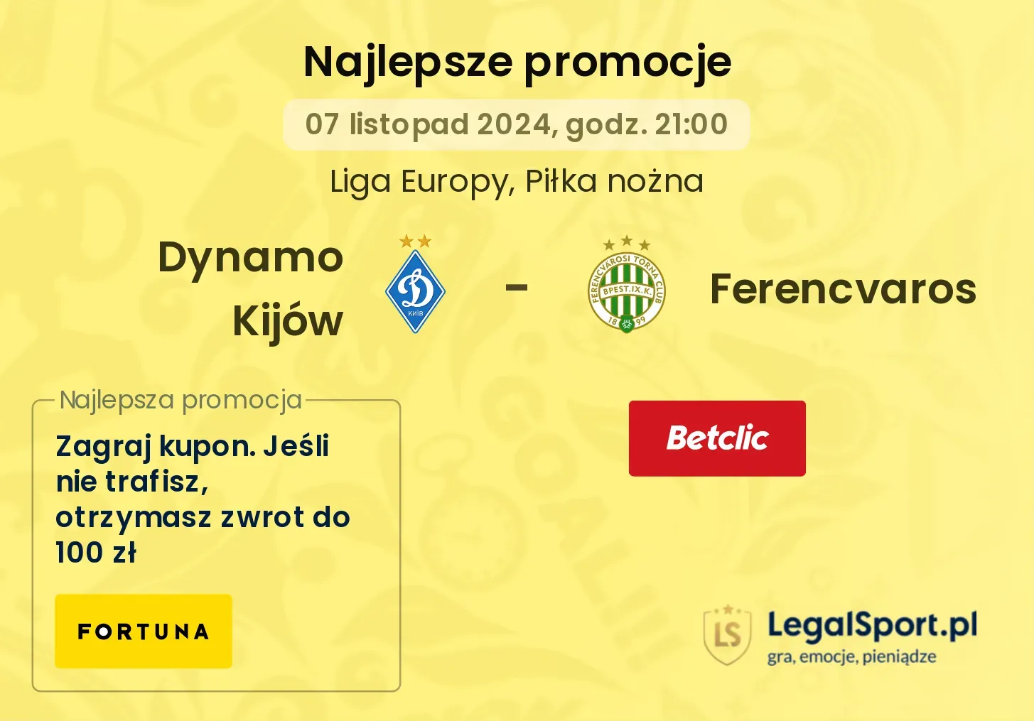 Dynamo Kijów - Ferencvaros promocje bukmacherskie 07.11, 21:00