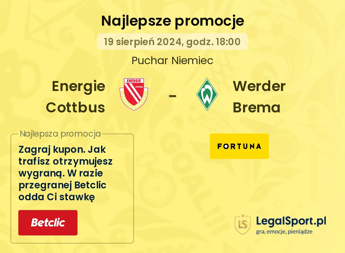 Energie Cottbus - Werder Brema promocje u bukmacherów (19.08, 18:00)