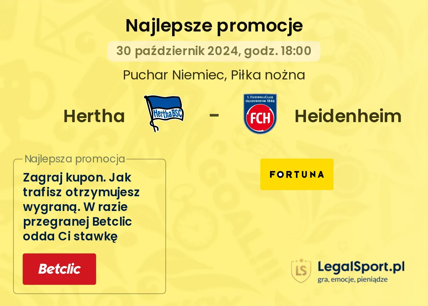 Hertha - Heidenheim promocje u bukmacherów 30.10, 18:00