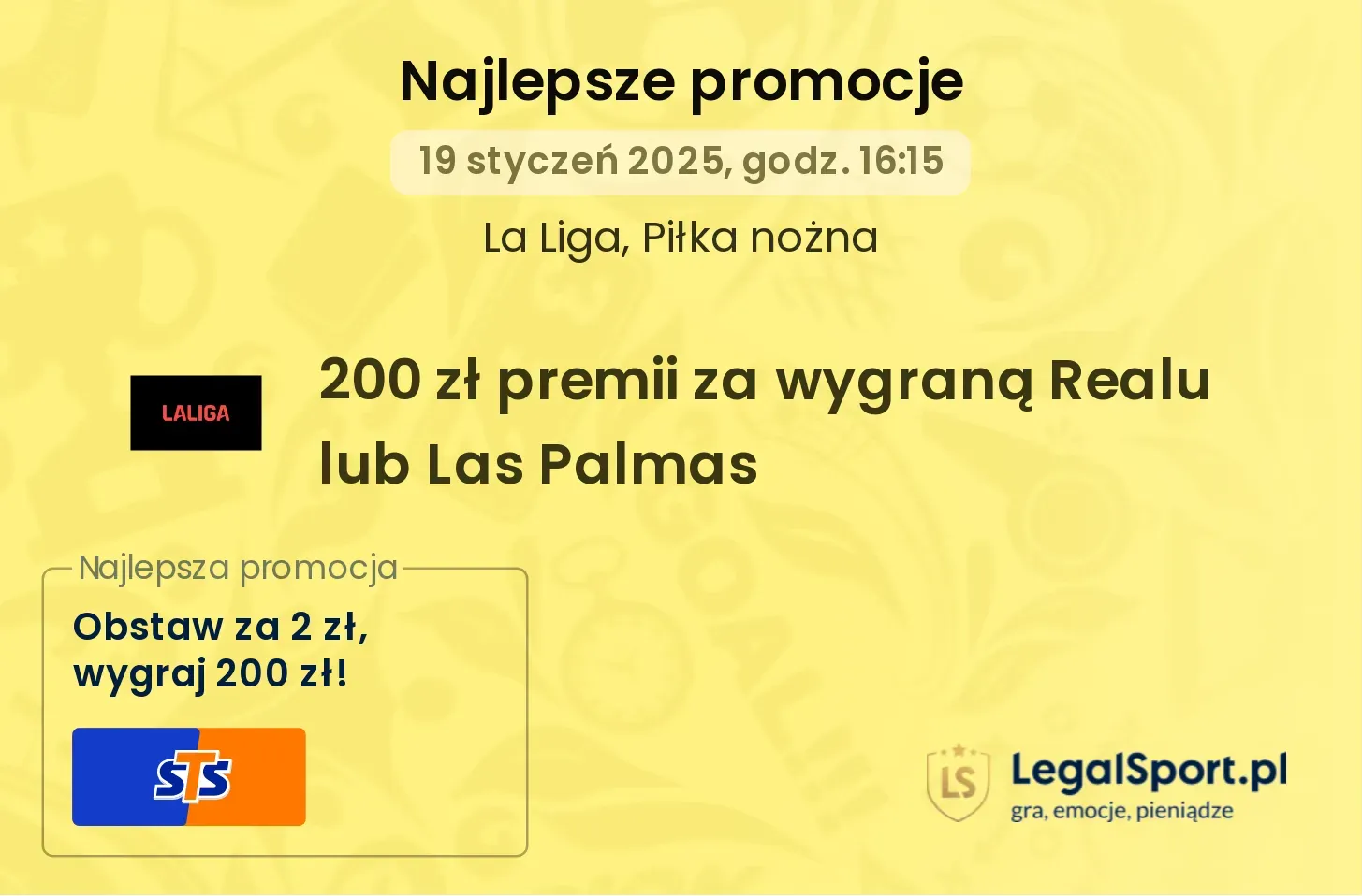 200 zł premii za wygraną Realu lub Las Palmas promocje bonusy na mecz