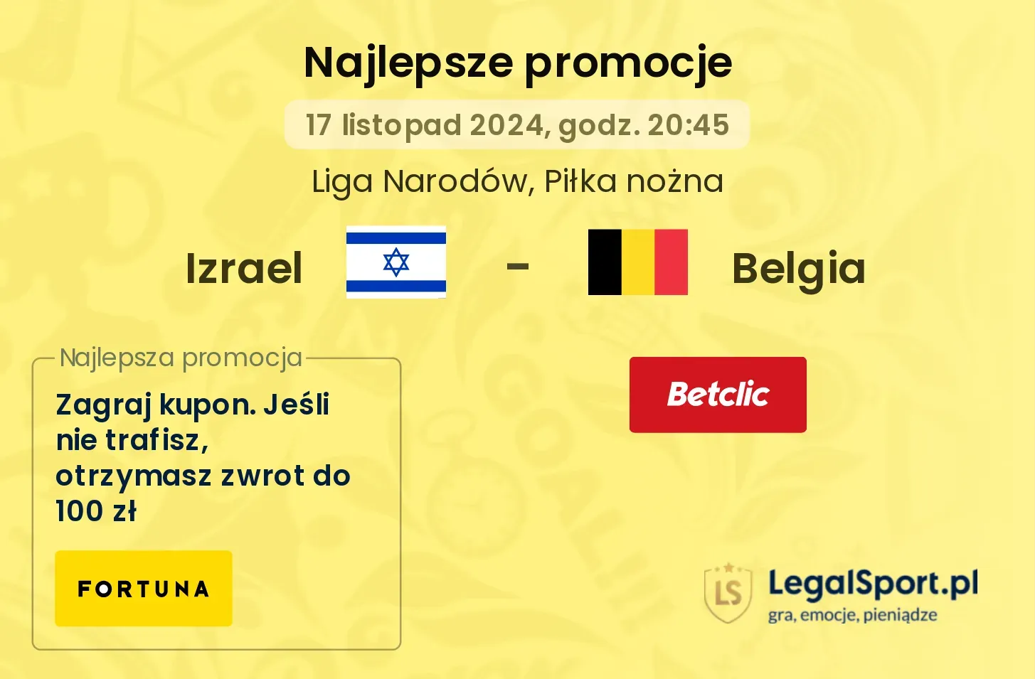 Izrael - Belgia promocje bukmacherskie 17.11, 20:45