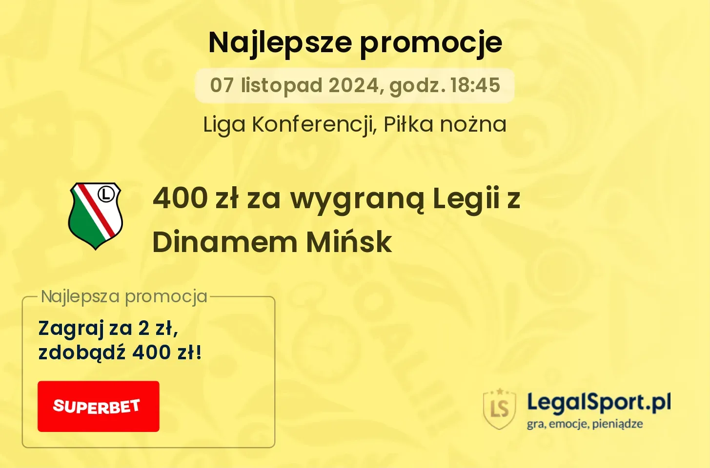 400 zł za wygraną Legii z Dinamem Mińsk promocje bonusy na mecz