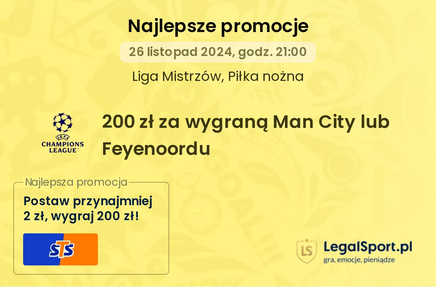 200 zł za wygraną Man City lub Feyenoordu promocje bonusy na mecz