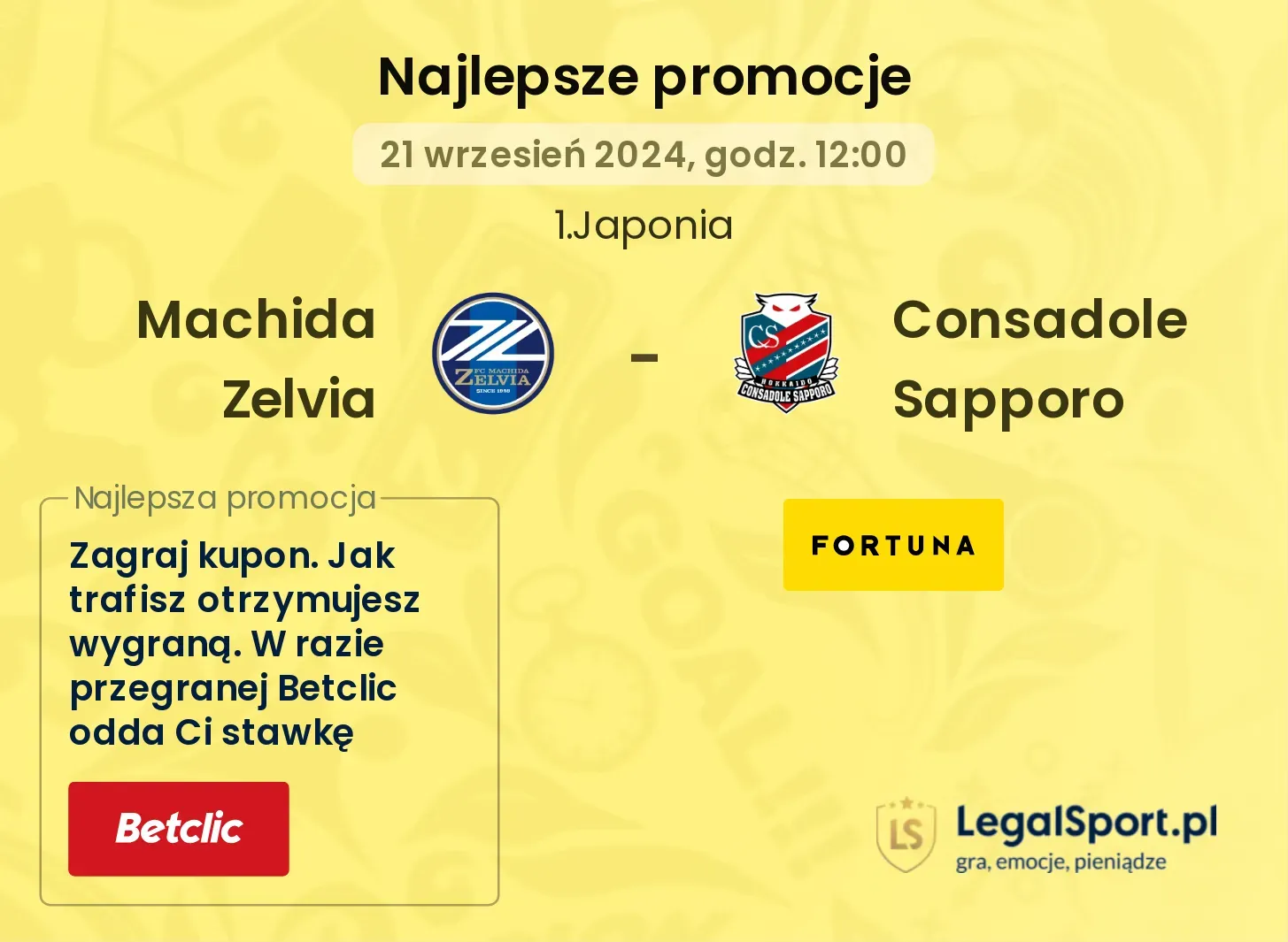 Machida Zelvia - Consadole Sapporo promocje bukmacherskie 21.09, 12:00