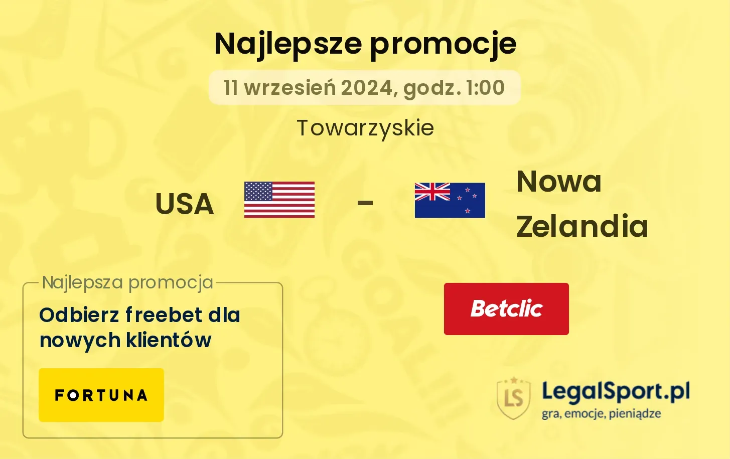 USA - Nowa Zelandia promocje bonusy na mecz