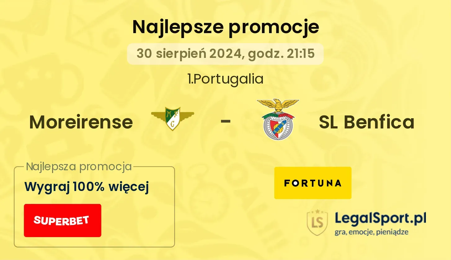 Moreirense - SL Benfica promocje u bukmacherów 30.08, 21:15