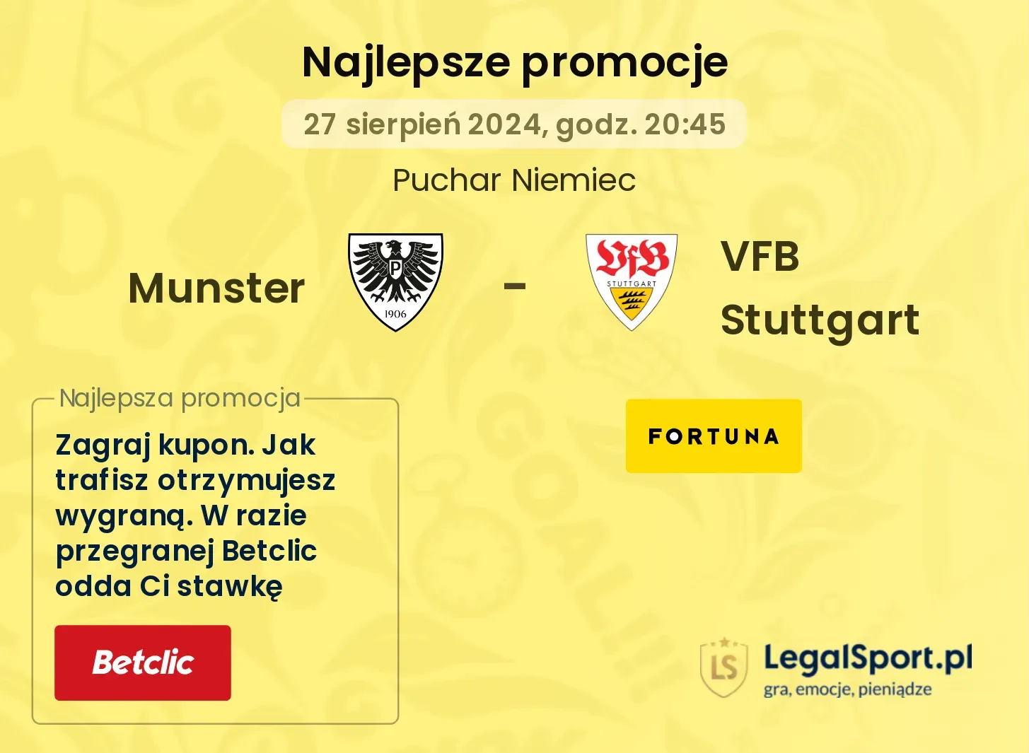 Munster - VFB Stuttgart promocje bukmacherskie 27.08, 20:45