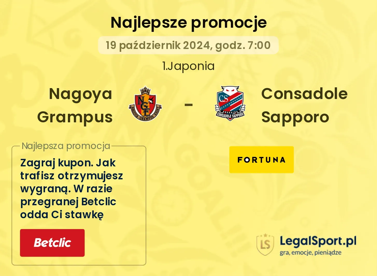 Nagoya Grampus - Consadole Sapporo promocje bonusy na mecz