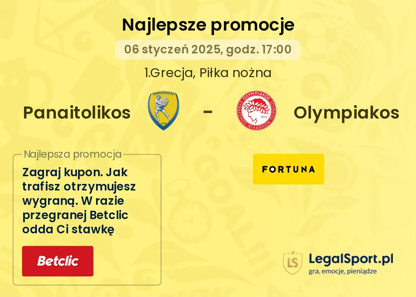 Panaitolikos - Olympiakos promocje u bukmacherów