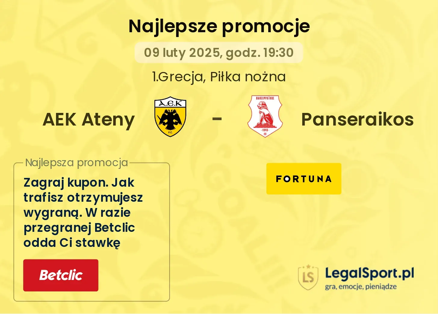 Panseraikos - AEK Ateny promocje u bukmacherów 26.10, 19:00