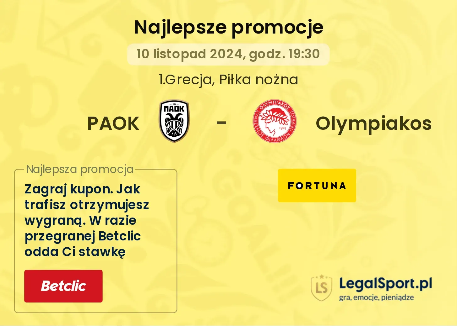 PAOK - Olympiakos promocje bukmacherskie 10.11, 19:30