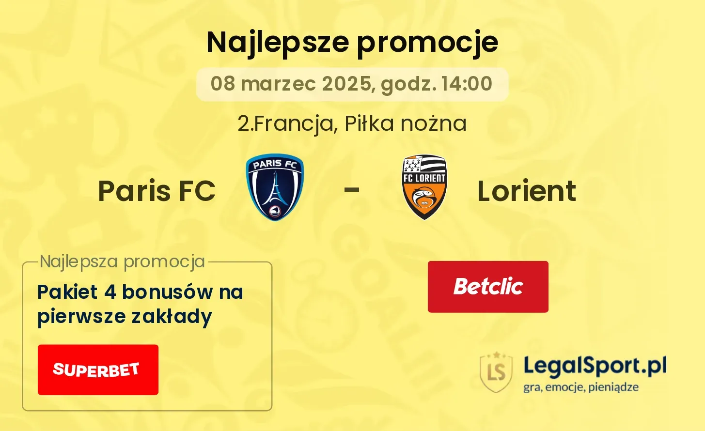 Paris FC - Lorient promocje bonusy na mecz