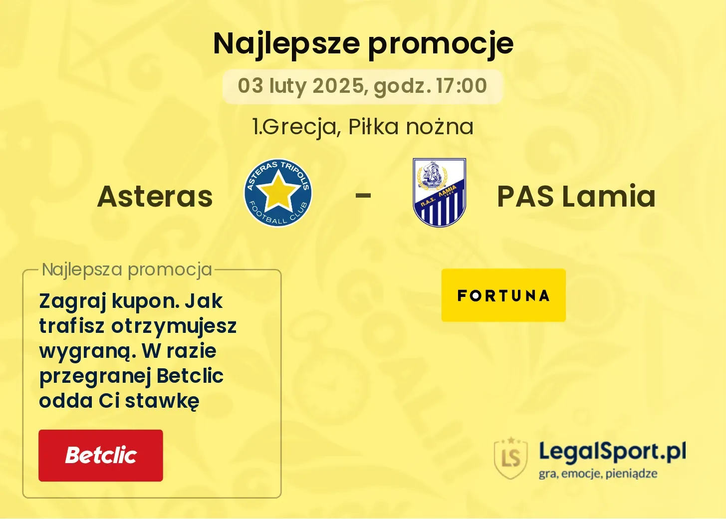 PAS Lamia - Asteras promocje u bukmacherów 19.10, 19:30