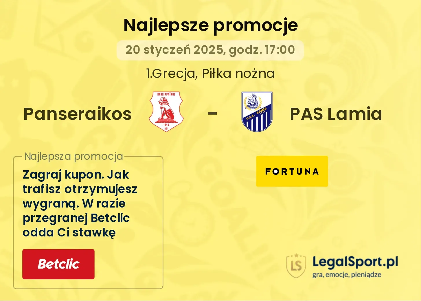 Panseraikos - PAS Lamia promocje u bukmacherów