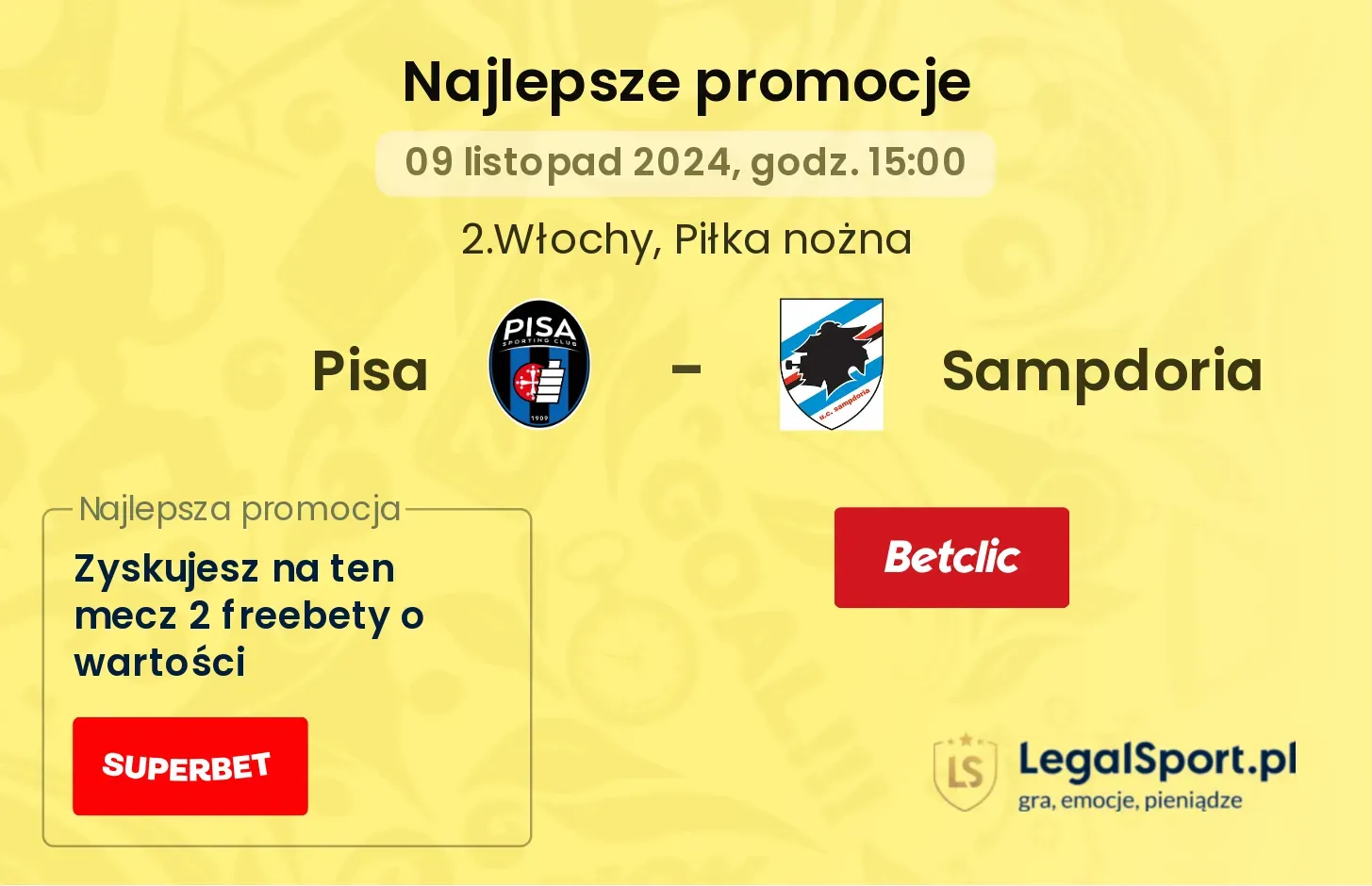 Pisa - Sampdoria promocje bonusy na mecz