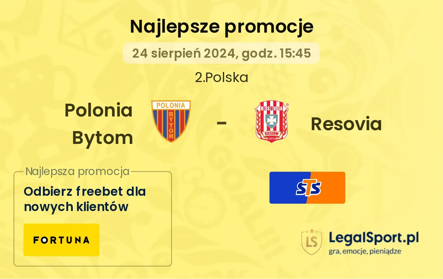 Polonia Bytom - Resovia promocje bukmacherskie 24.08, 15:45