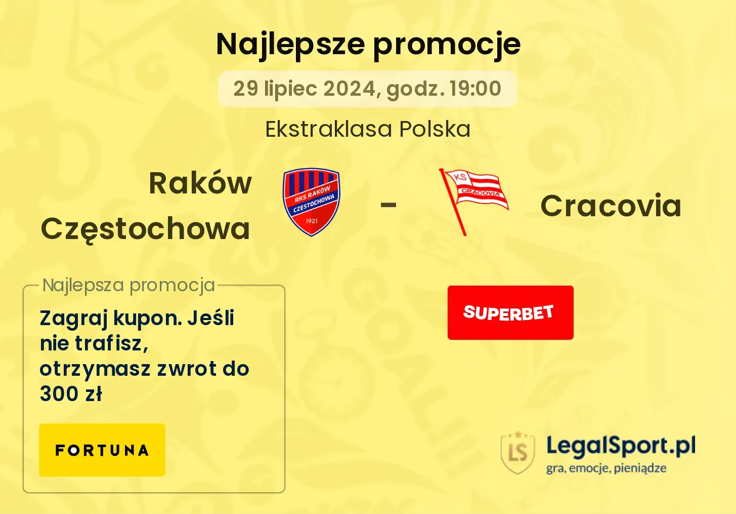 Raków Częstochowa - Cracovia promocje bonusy na mecz