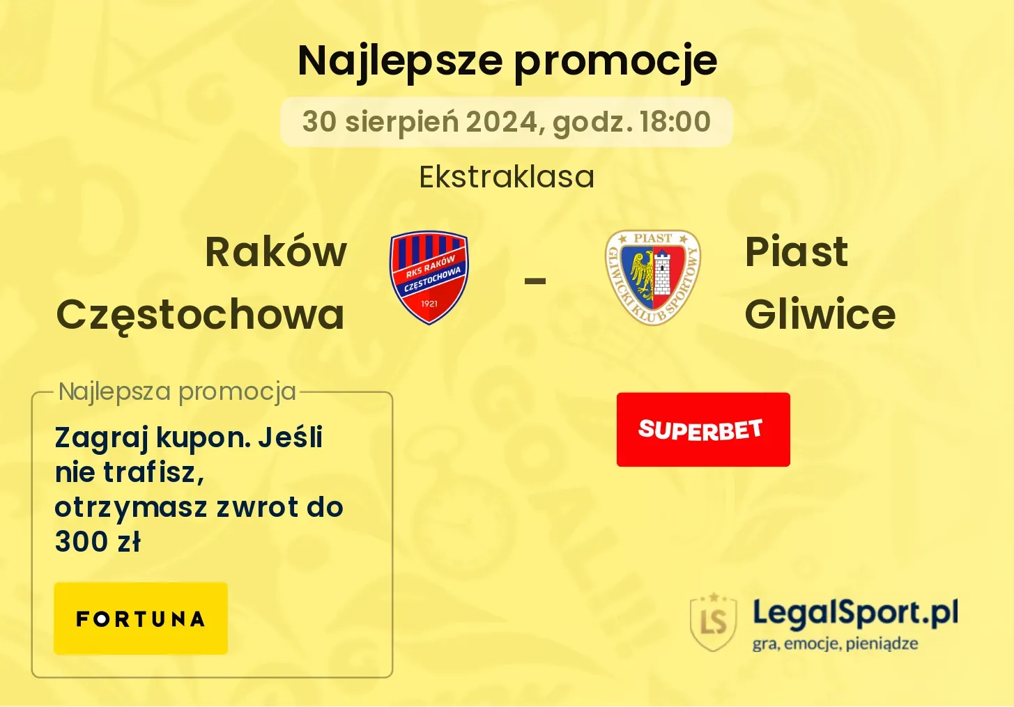 Raków Częstochowa - Piast Gliwice promocje bonusy na mecz