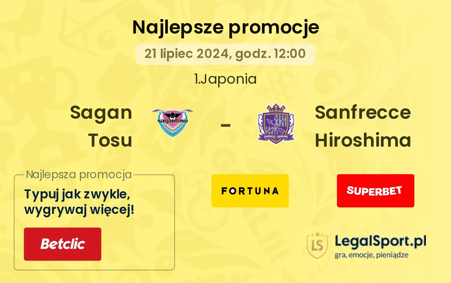 Sagan Tosu - Sanfrecce Hiroshima promocje bonusy na mecz