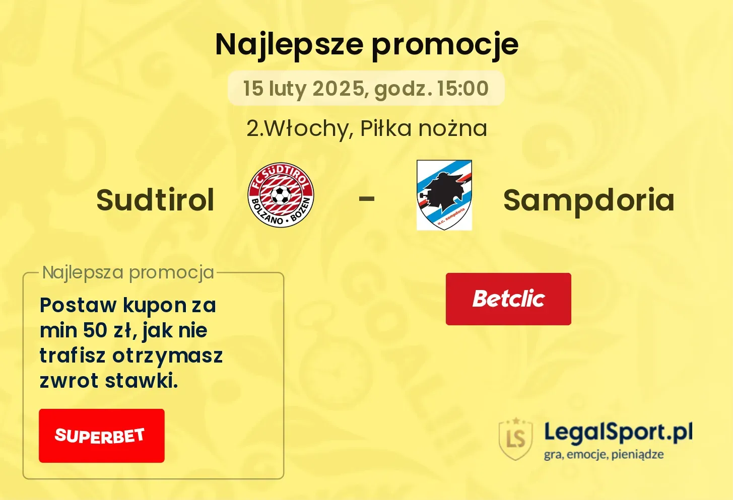 Sampdoria - Sudtirol promocje bukmacherskie 21.09, 15:00