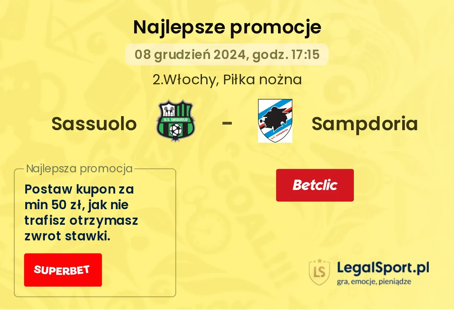 Sassuolo - Sampdoria promocje bonusy na mecz