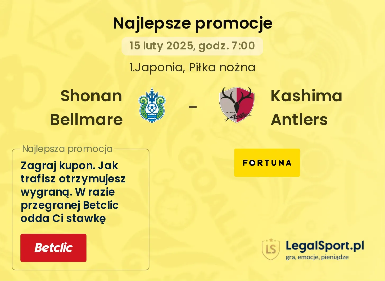 Shonan Bellmare - Kashima Antlers promocje bukmacherskie 28.09, 12:00