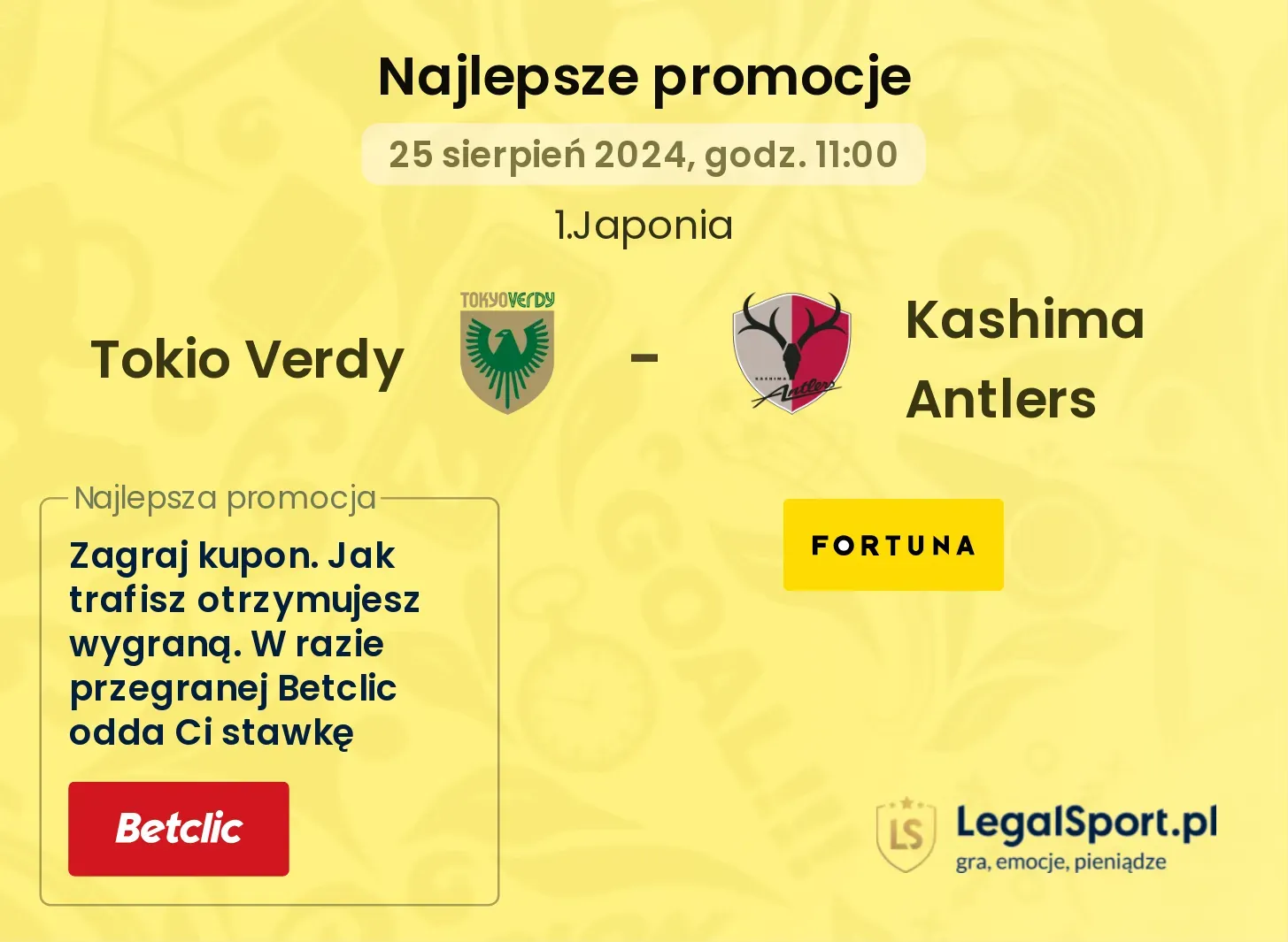 Tokio Verdy - Kashima Antlers promocje bukmacherskie 25.08, 11:00