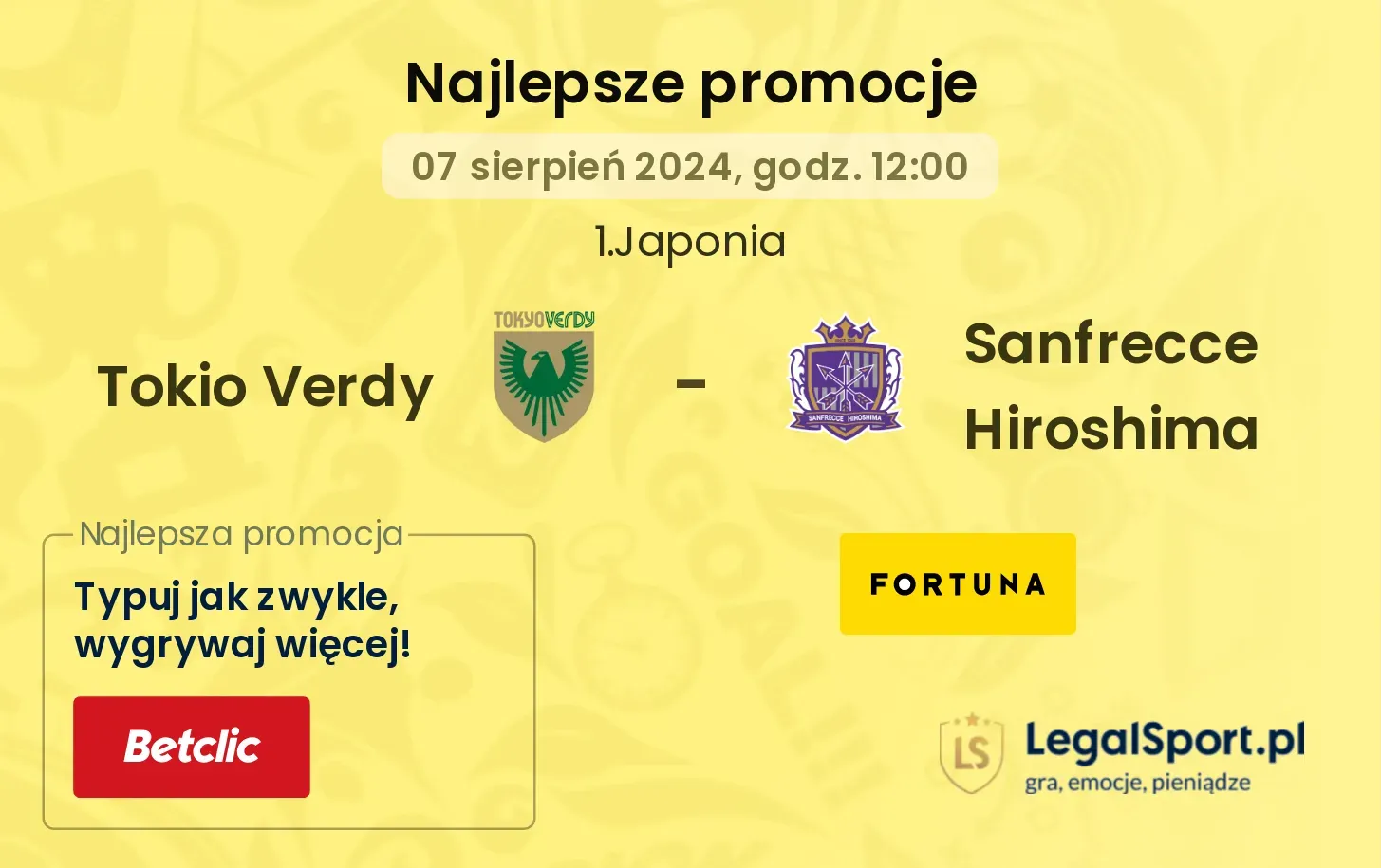 Tokio Verdy - Sanfrecce Hiroshima promocje u bukmacherów (07.08, 12:00)