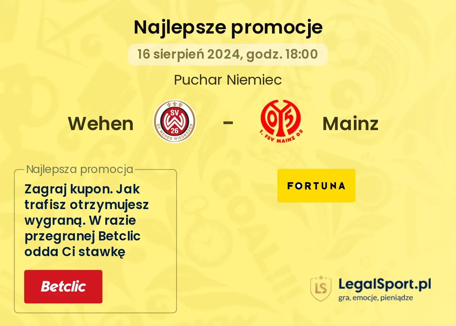 Wehen - Mainz promocje bukmacherskie (16.08, 18:00)