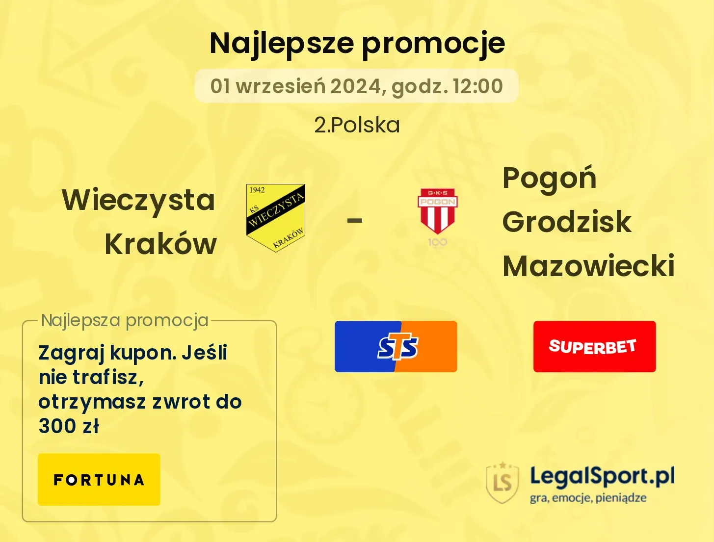 Wieczysta Kraków - Pogoń Grodzisk Mazowiecki promocje bonusy na mecz