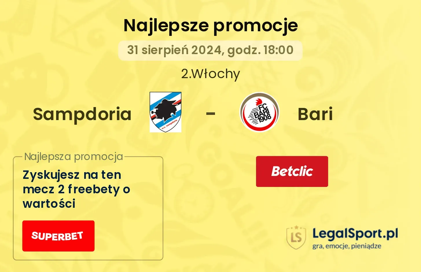 Sampdoria - Bari promocje bonusy na mecz