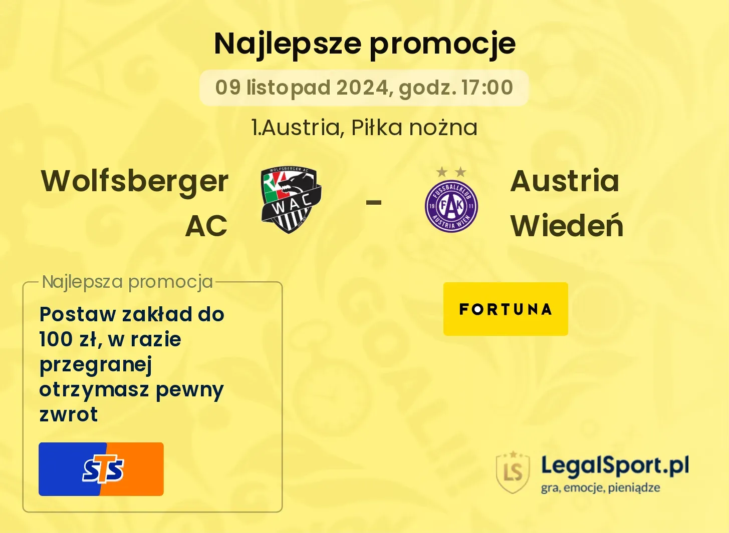 Wolfsberger AC - Austria Wiedeń promocje bukmacherskie 09.11, 17:00