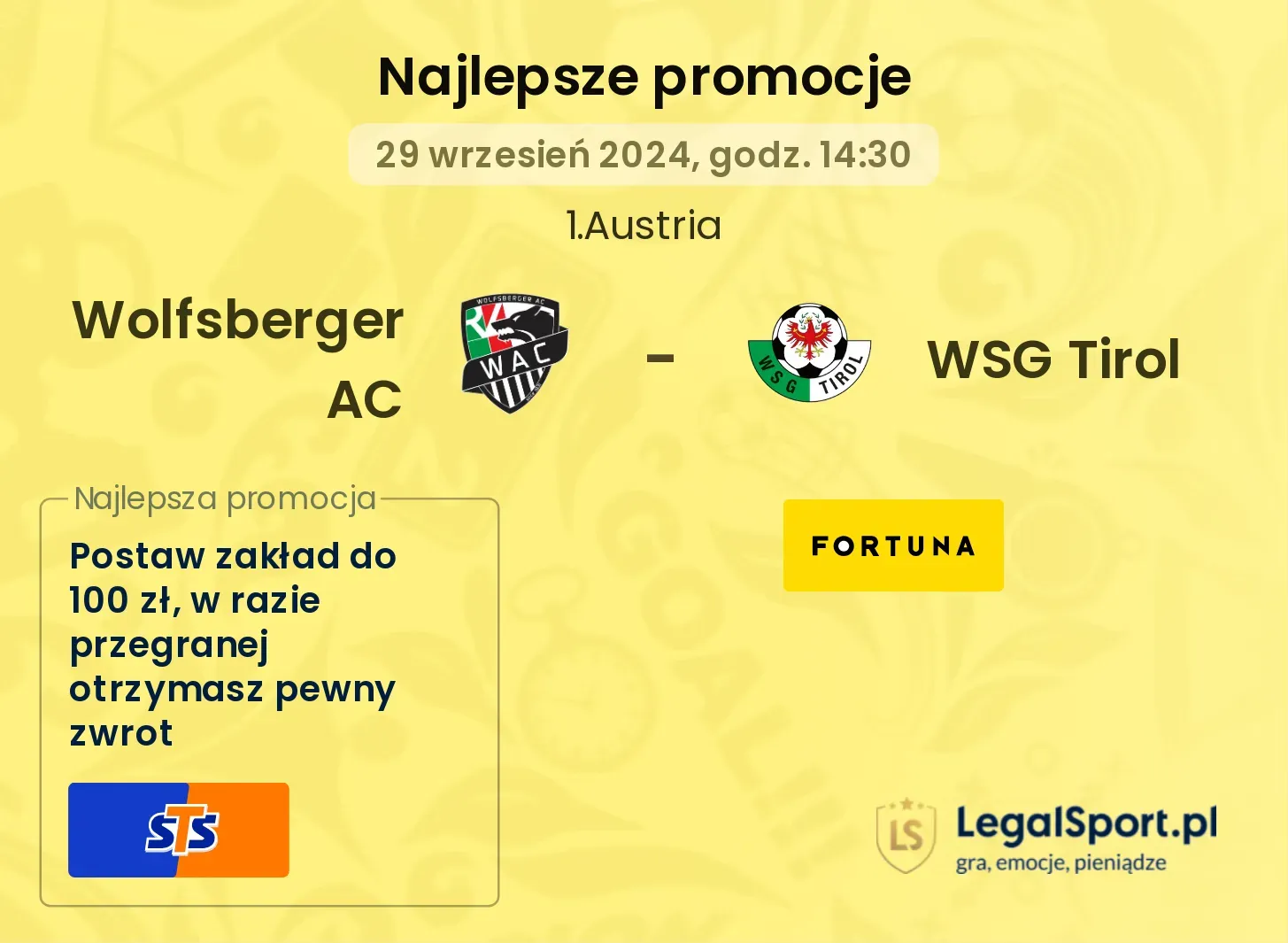 Wolfsberger AC - WSG Tirol promocje u bukmacherów 29.09, 14:30